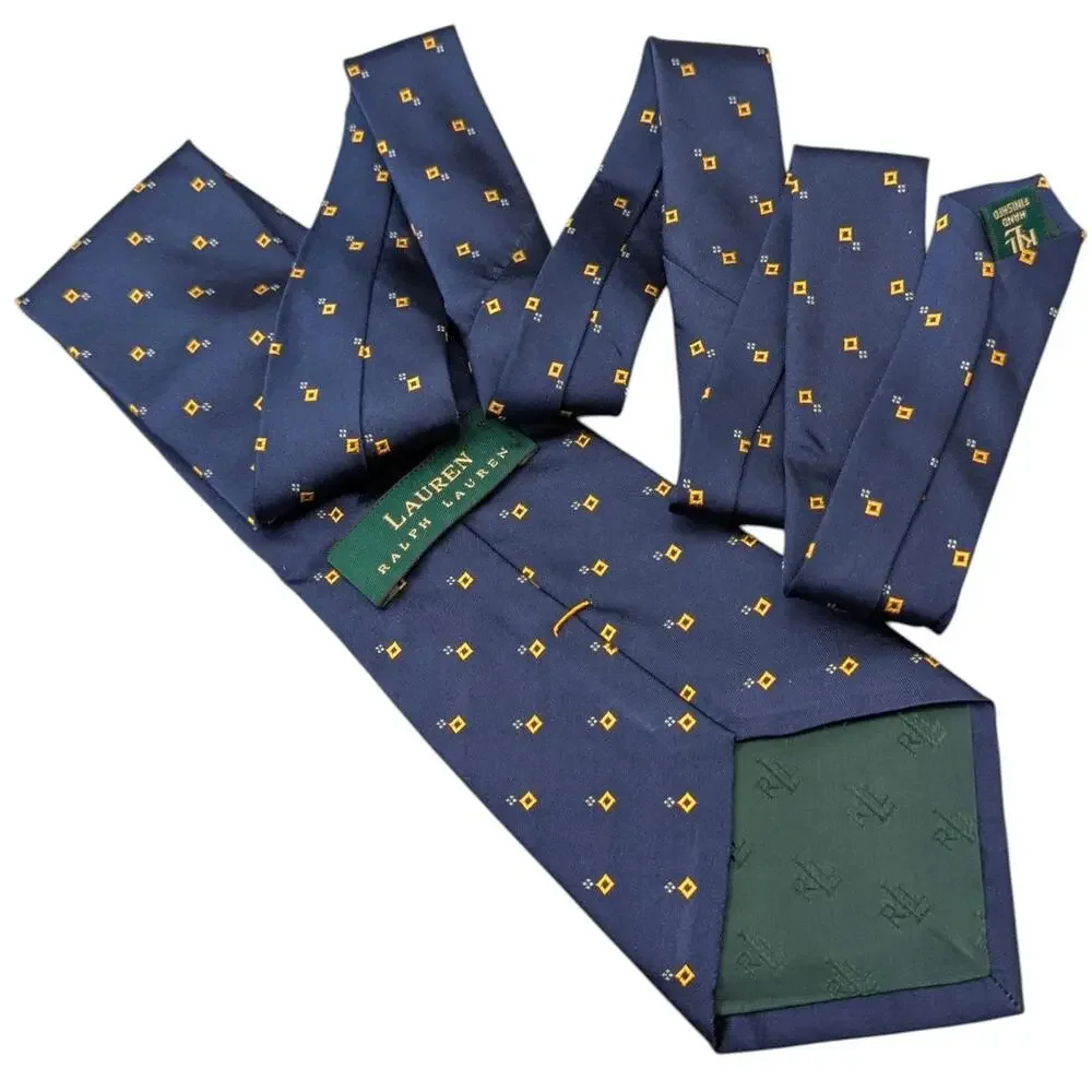 Lauren Ralph Lauren Tie Mens Classic Blue Yellow Foulard Silk Embroidered‎ 56.5